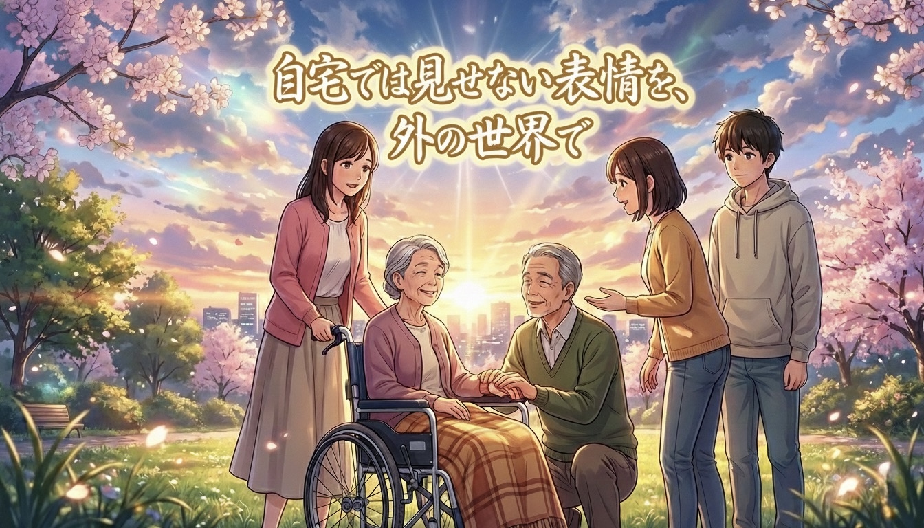 徳島県徳島市介護タクシーで外出付き添い。家族5人で外出。寝たきりの母を車椅子で。