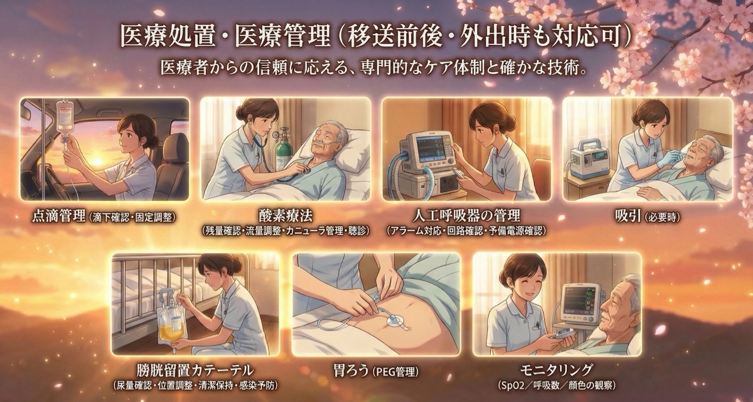 「看護師が同行して点滴管理、酸素療法、人工呼吸器管理、吸引、膀胱留置カテーテル、胃ろう、モニタリングなどの医療処置を行いながら高齢者の外出や移送をサポートする福祉タクシーのサービス紹介イラスト」