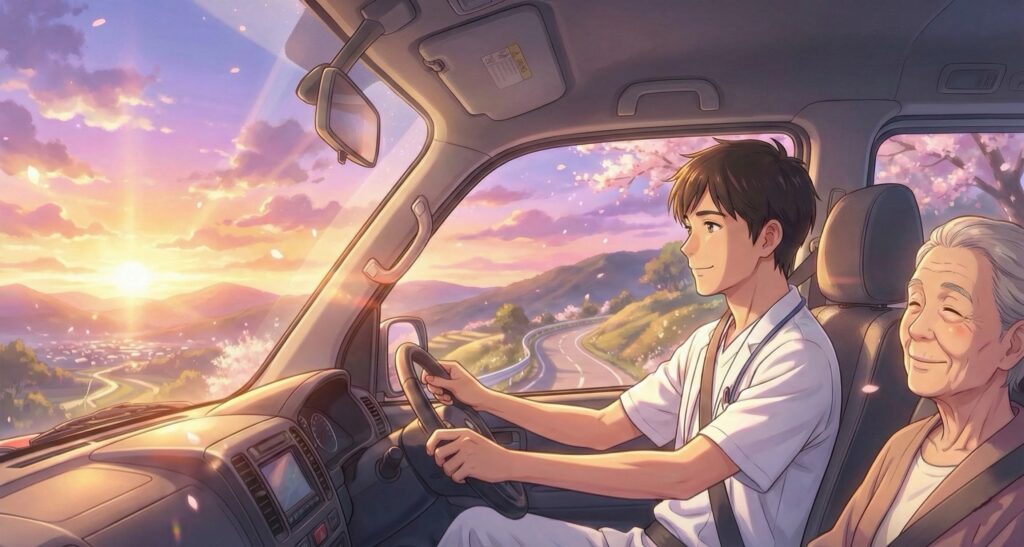 看護師が運転・同行するから、どんな外出も安心。 医療処置・急な体調変化にも対応。経験15年の看護師が安全に目的地へ。